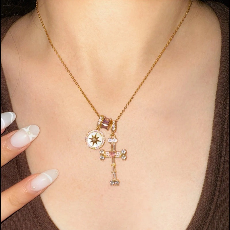 Cross-border explosion Fearless Heart Fearless Star~ Flash diamond octagram purple cross necklace
