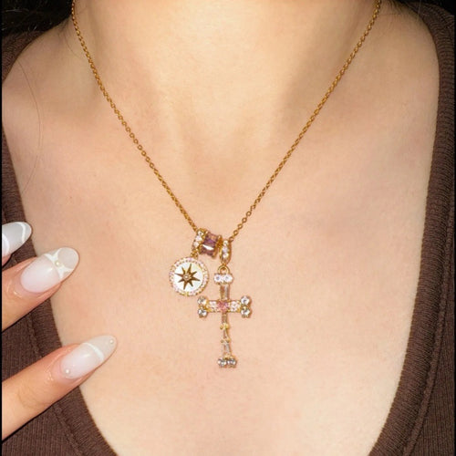 Cross-border explosion Fearless Heart Fearless Star~ Flash diamond octagram purple cross necklace