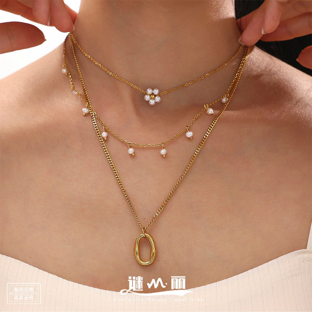 Mystery multi-layer tassel shell bead necklace light luxury temperament stainless steel plated 18K gold niche design necklace for women