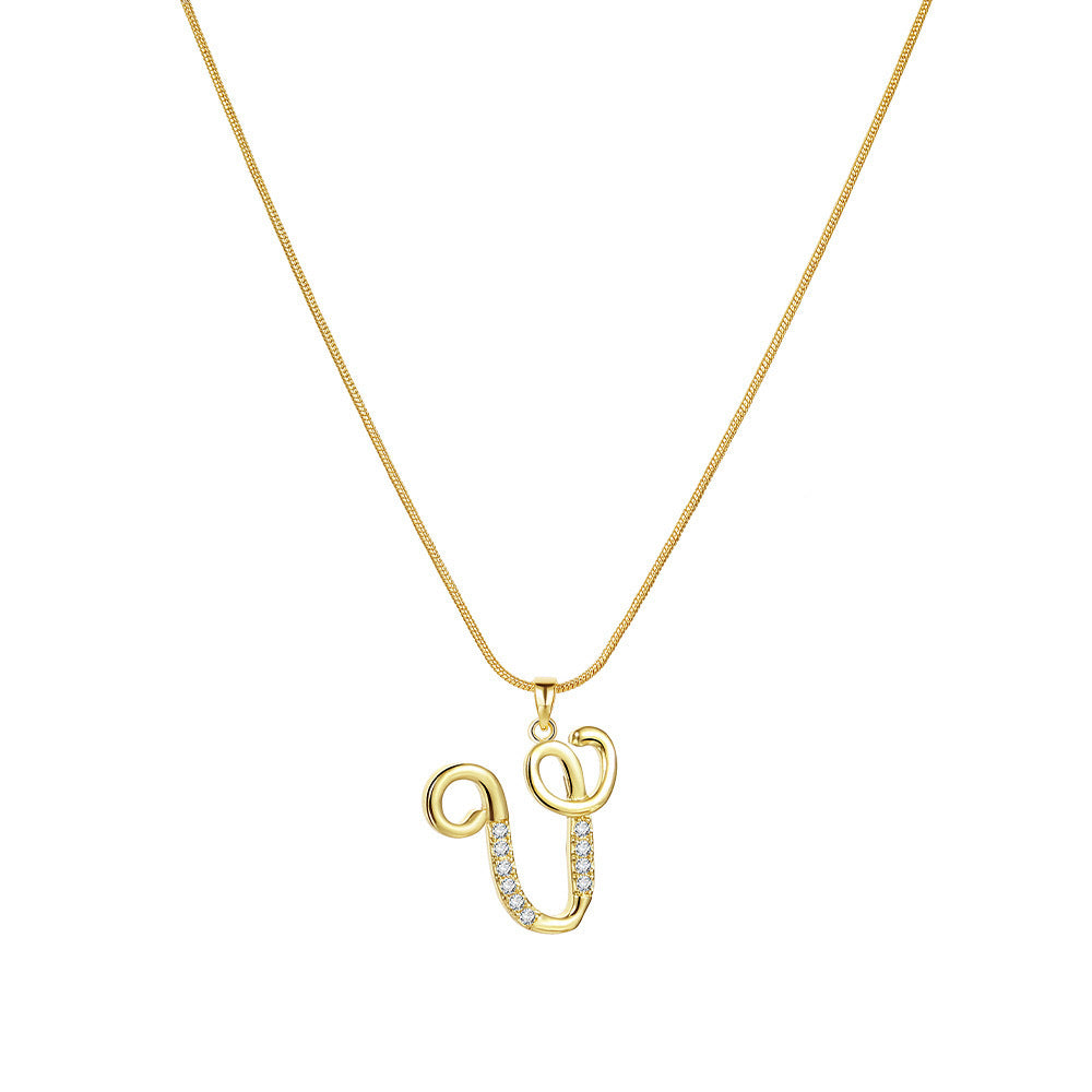 Temu cross-border popular 26-digit copper inlaid zircon letter pendant snake bone thin chain creative personalized letter necklace