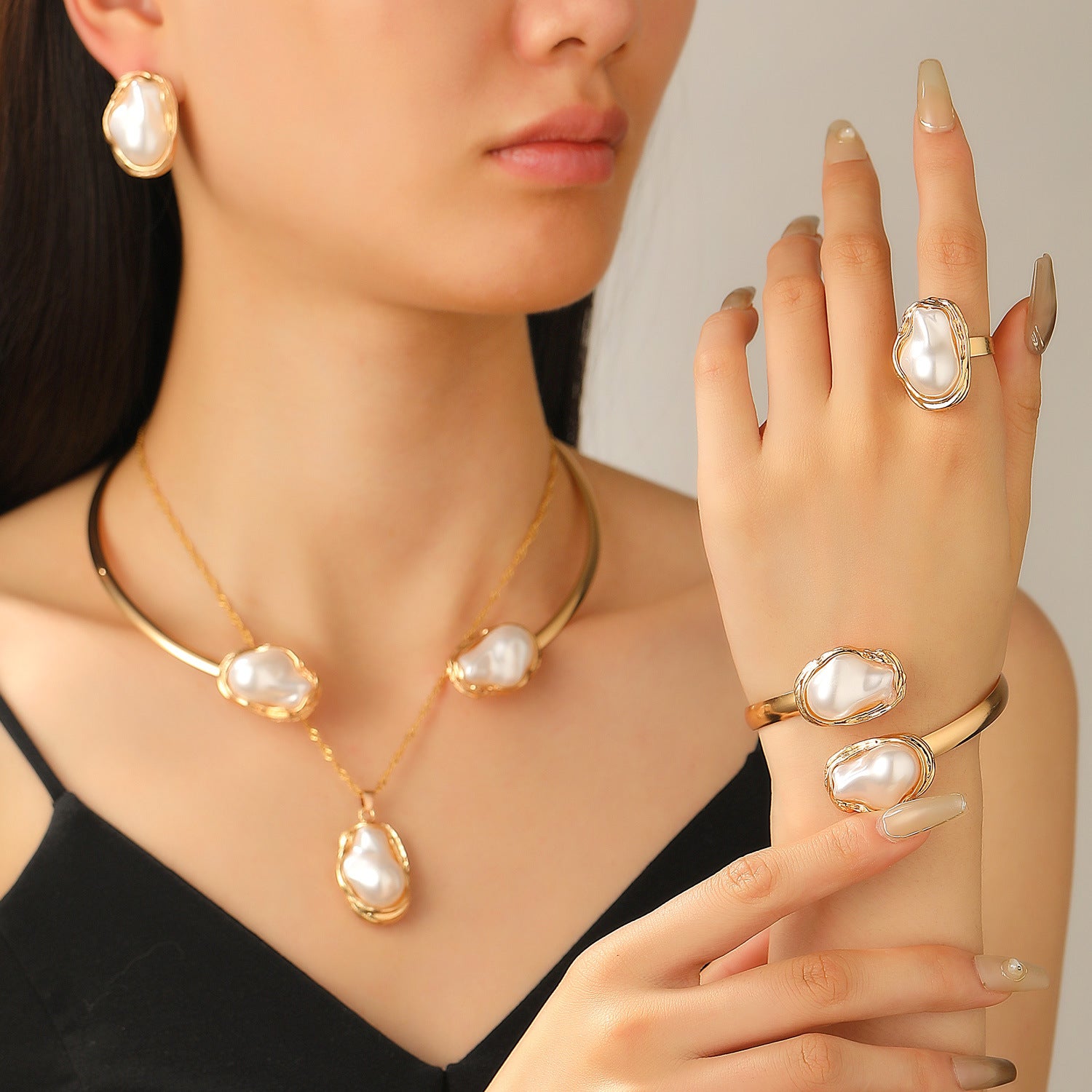 European and American cross-border baroque special-shaped pearl set jewelry women's high-end necklace earrings ring bracelet collar