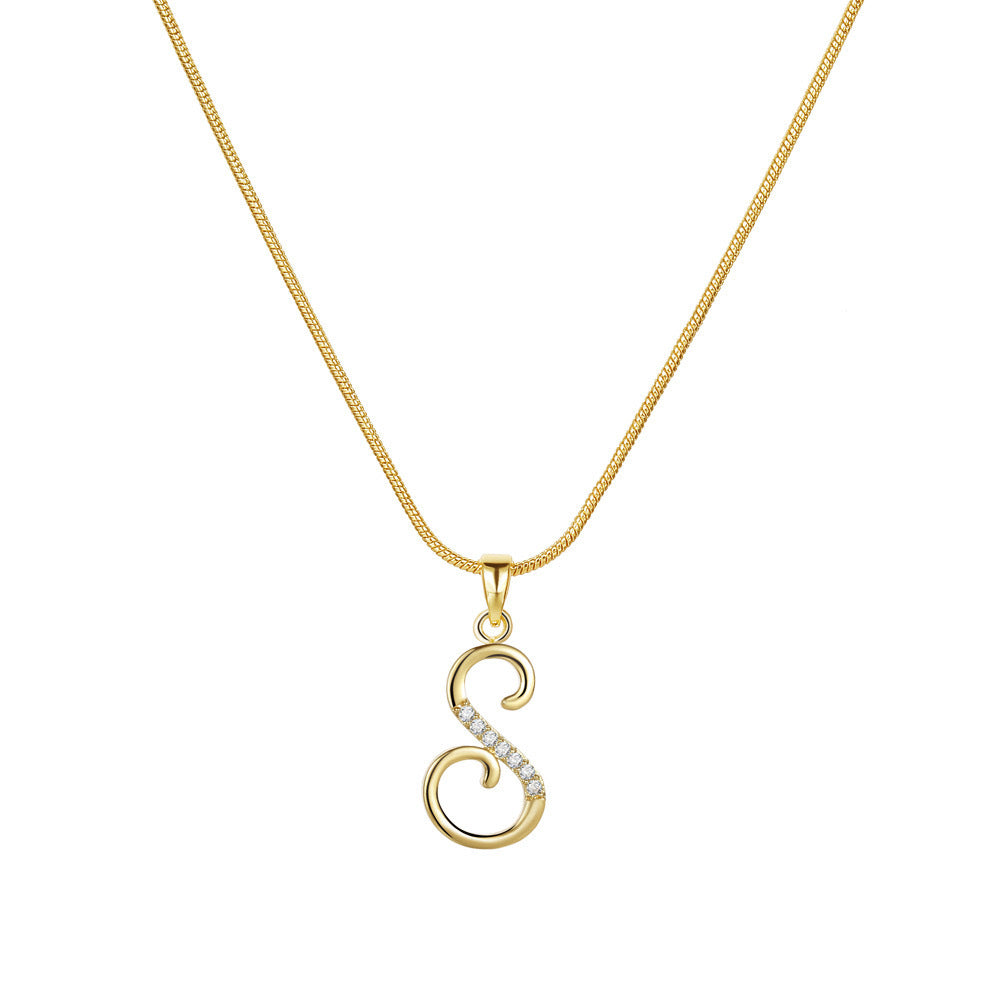 Temu cross-border popular 26-digit copper inlaid zircon letter pendant snake bone thin chain creative personalized letter necklace