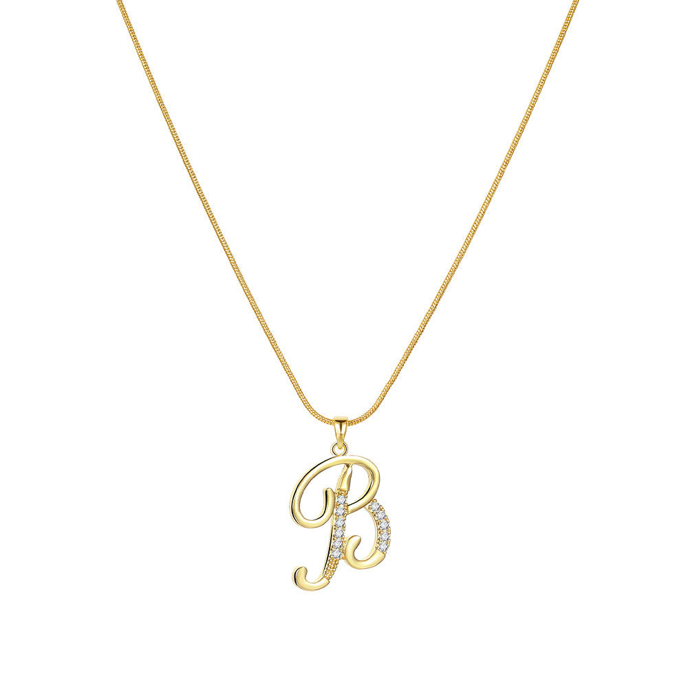 Temu cross-border popular 26-digit copper inlaid zircon letter pendant snake bone thin chain creative personalized letter necklace