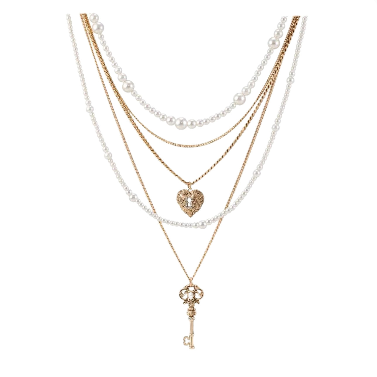 Retro love lock cylinder series multi-layer pearl necklace niche sweater chain removable