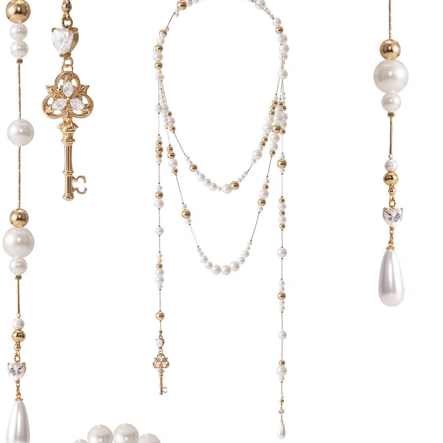 Love lock cylinder series retro key water drop broken pearl long stacked necklace wrapped sweater chain
