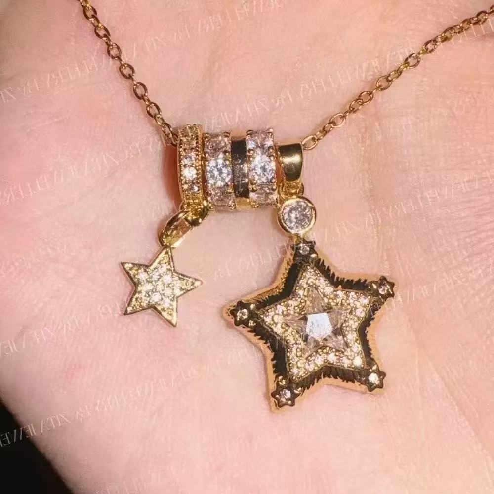 Douyin Explosive Lucky Star~ Stainless Steel Chain Retro Flash Diamond Pentagram Necklace