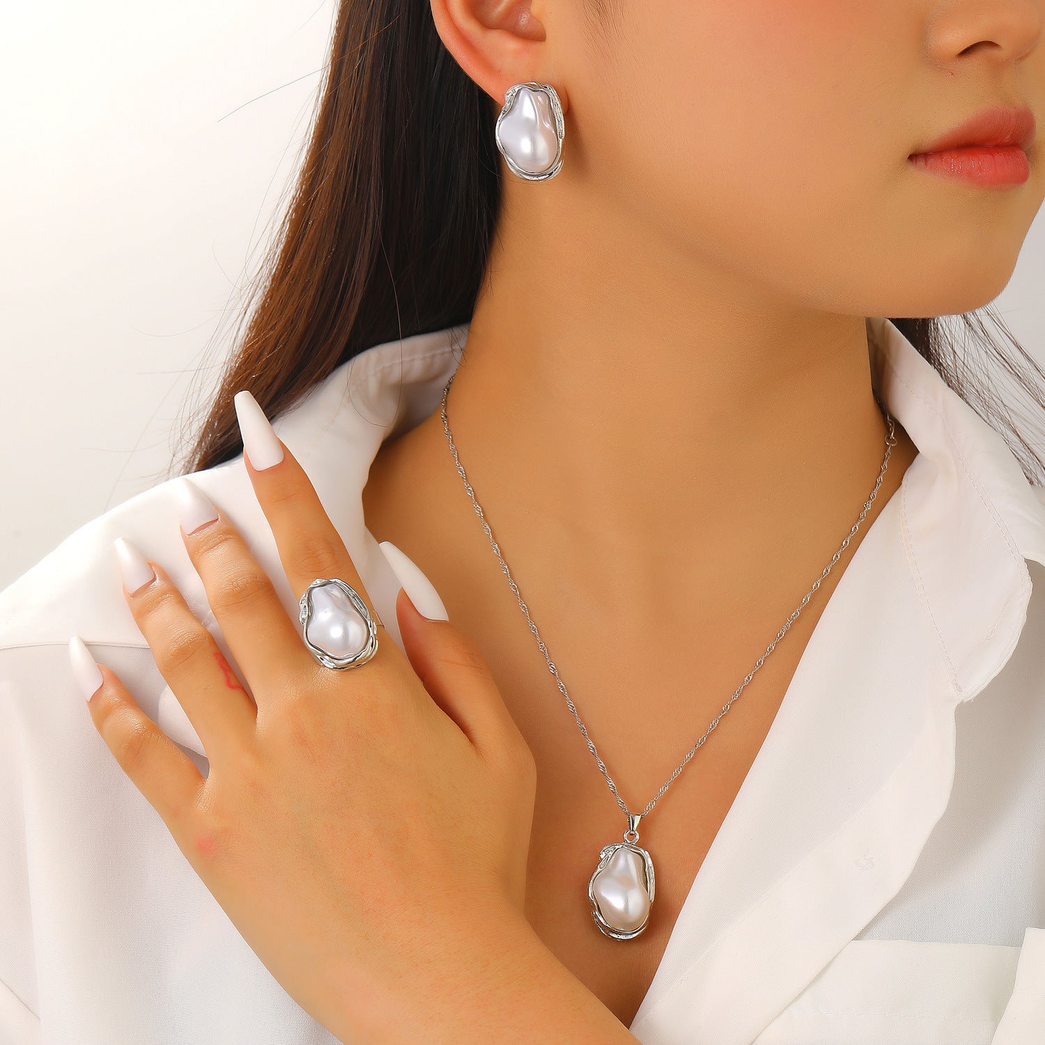 European and American cross-border baroque special-shaped pearl set jewelry women's high-end necklace earrings ring bracelet collar