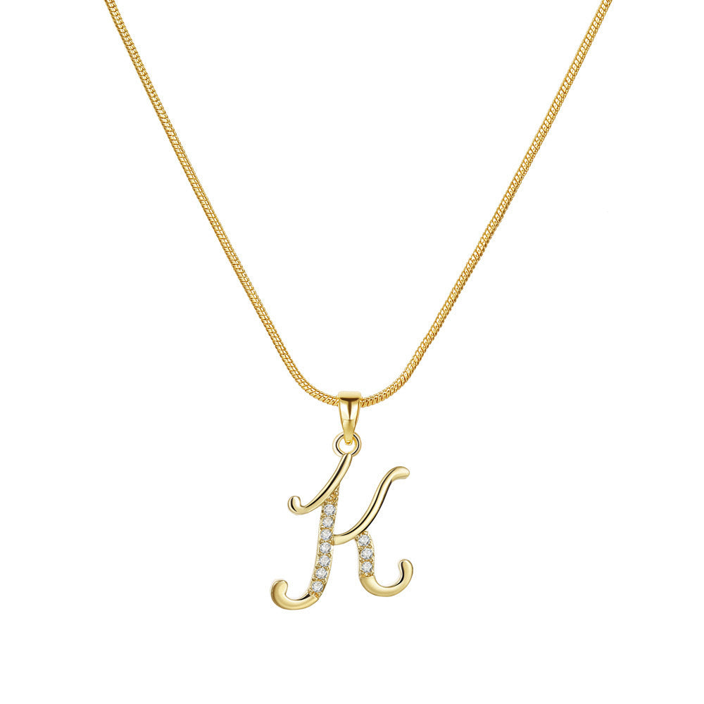 Temu cross-border popular 26-digit copper inlaid zircon letter pendant snake bone thin chain creative personalized letter necklace