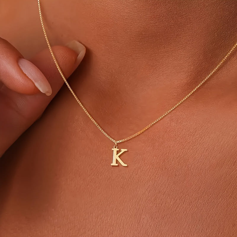 Amazon popular 26 English letter necklaces A-Z stainless steel letter box chain plated 18K gold women's pendant