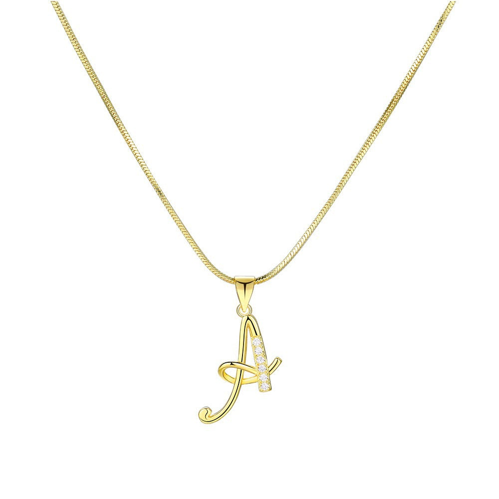 Temu cross-border popular 26-digit copper inlaid zircon letter pendant snake bone thin chain creative personalized letter necklace