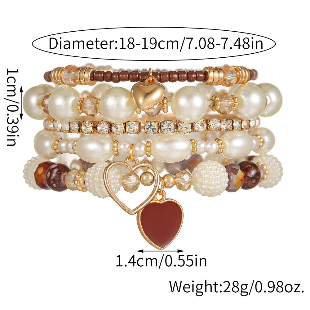 Cross-border European and American 5-piece bracelet, imitation pearl handmade beaded female Bohemian fashion dripping oil peach heart bracelet female