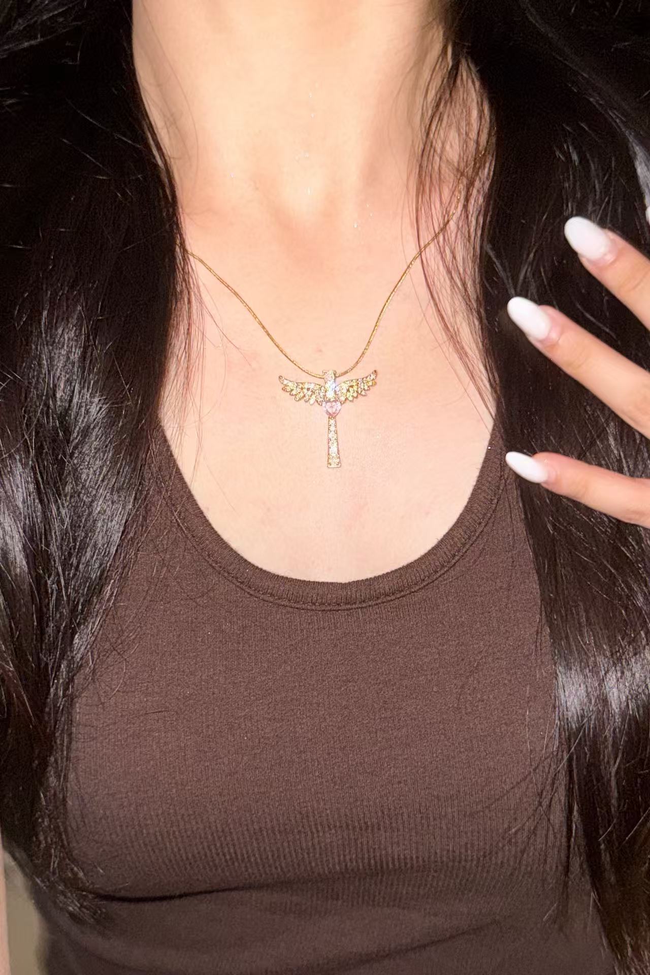 Cross-border hot-selling Angel Wings~ Cross Angel American Simple Spice Girl Necklace 18k Real Gold Plating