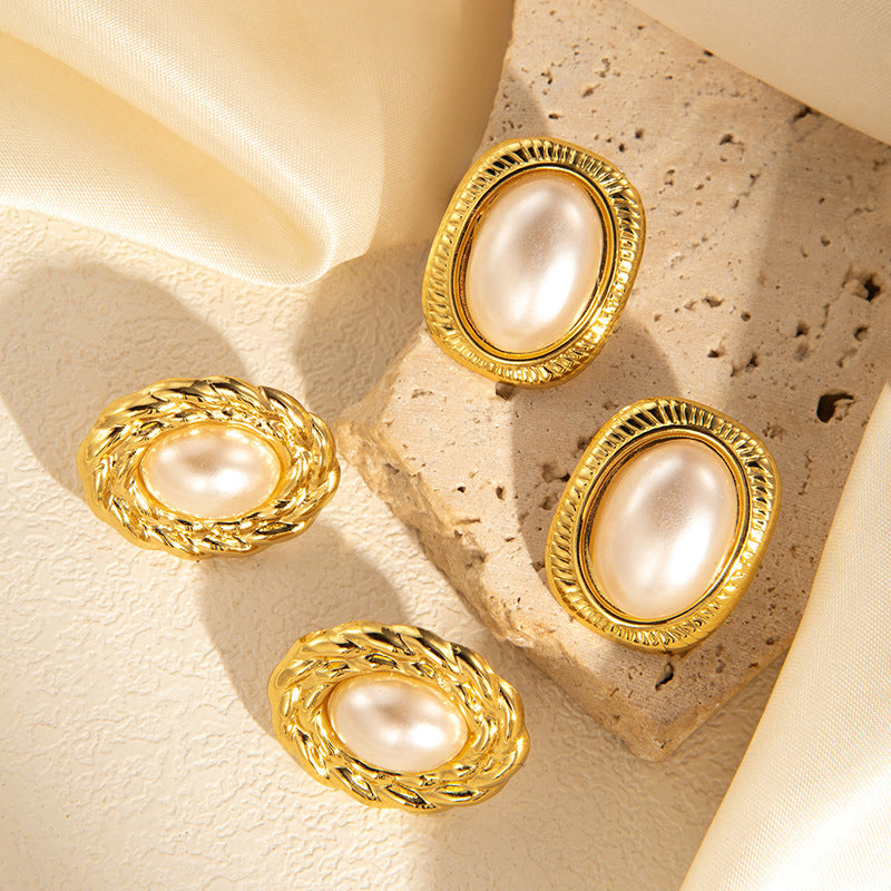 French cross-border exquisite titanium steel earrings retro vortex pearl stud earrings niche design simple and versatile earrings wholesale