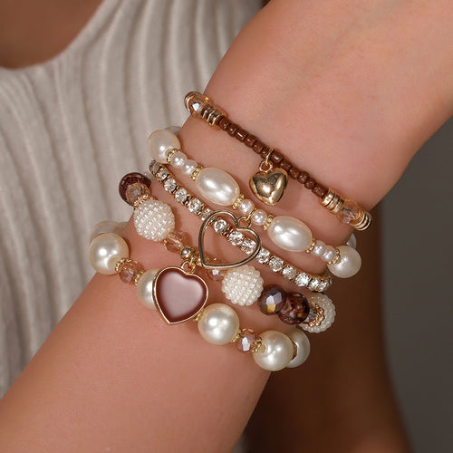 Cross-border European and American 5-piece bracelet, imitation pearl handmade beaded female Bohemian fashion dripping oil peach heart bracelet female