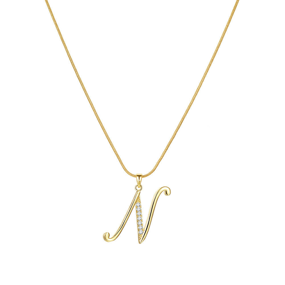 Temu cross-border popular 26-digit copper inlaid zircon letter pendant snake bone thin chain creative personalized letter necklace