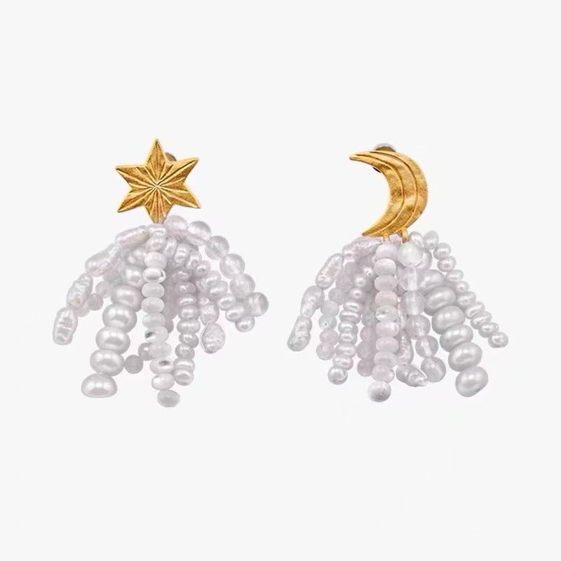 Niche design bead stud earrings ancient silver needle earrings gold picture engraving stars moon earrings femininity