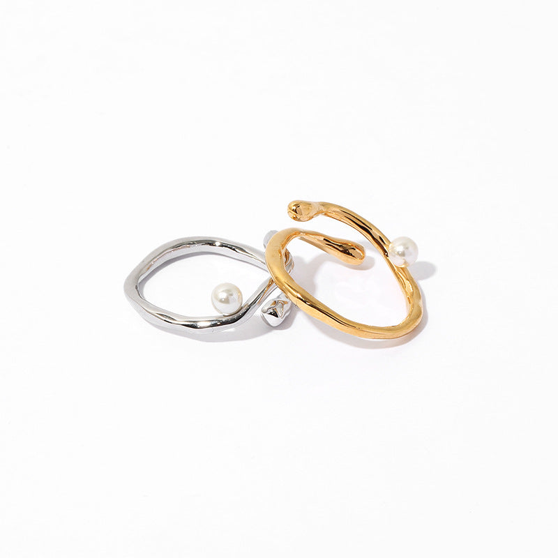 Nohara Aoi, Japan and South Korea simple ins Internet celebrity niche design water ripple highlight pearl opening ring jewelry women