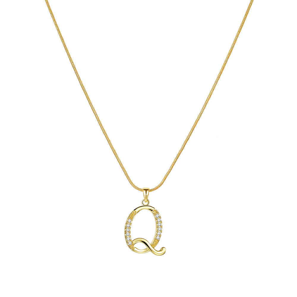 Temu cross-border popular 26-digit copper inlaid zircon letter pendant snake bone thin chain creative personalized letter necklace