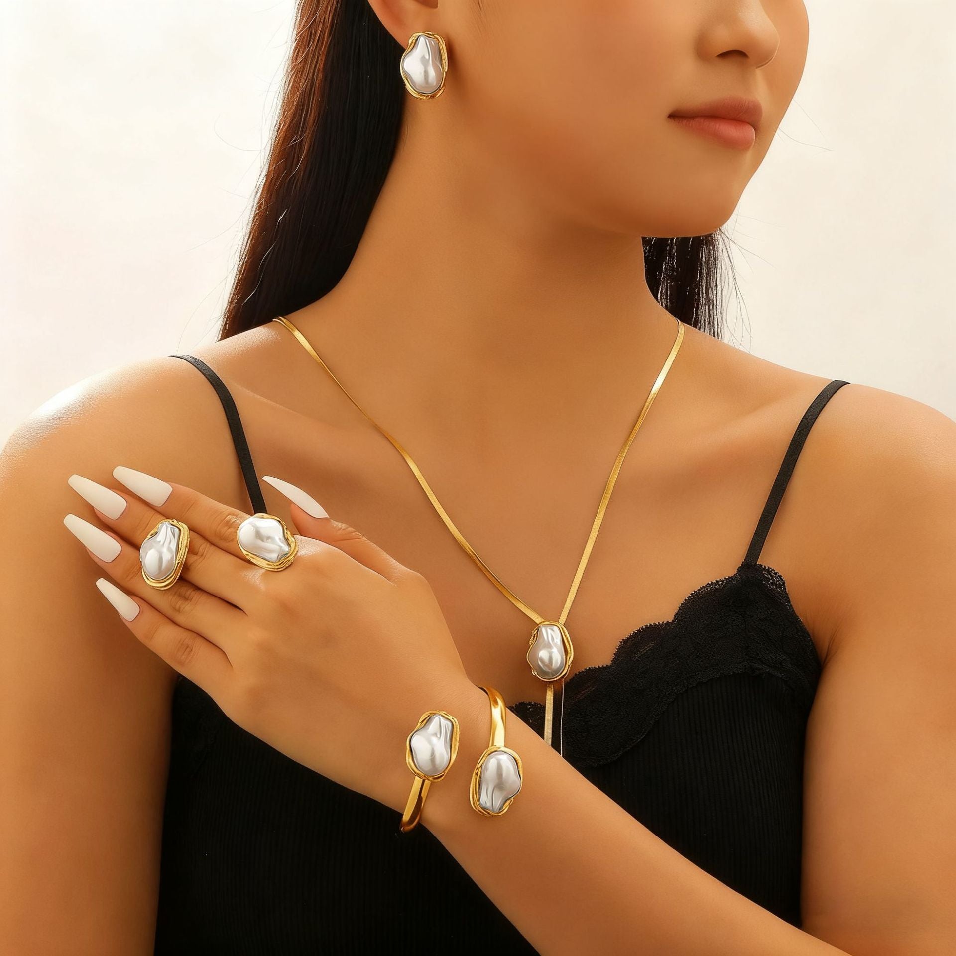 European and American cross-border baroque special-shaped pearl set jewelry women's high-end necklace earrings ring bracelet collar