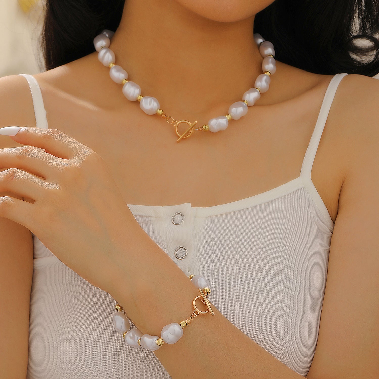 European and American cross-border baroque special-shaped pearl set jewelry women's high-end necklace earrings ring bracelet collar