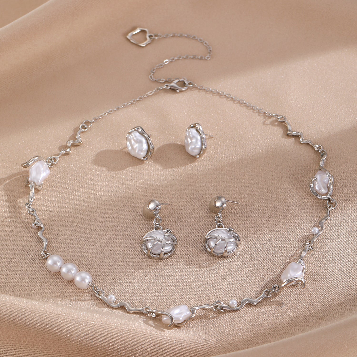 European and American cross-border baroque special-shaped pearl set jewelry women's high-end necklace earrings ring bracelet collar