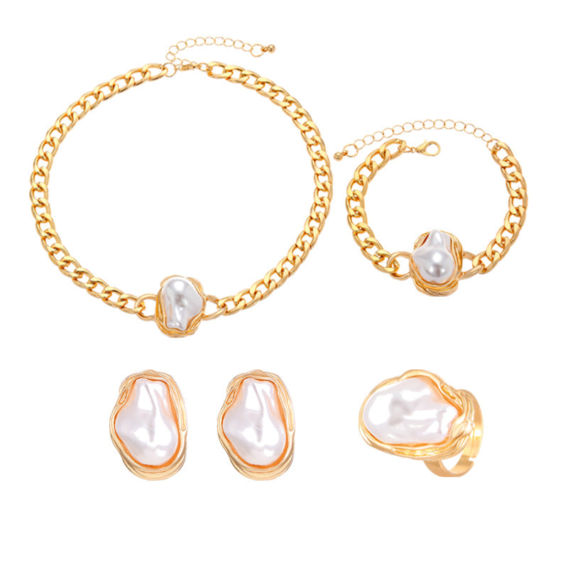 European and American cross-border baroque special-shaped pearl set jewelry women's high-end necklace earrings ring bracelet collar