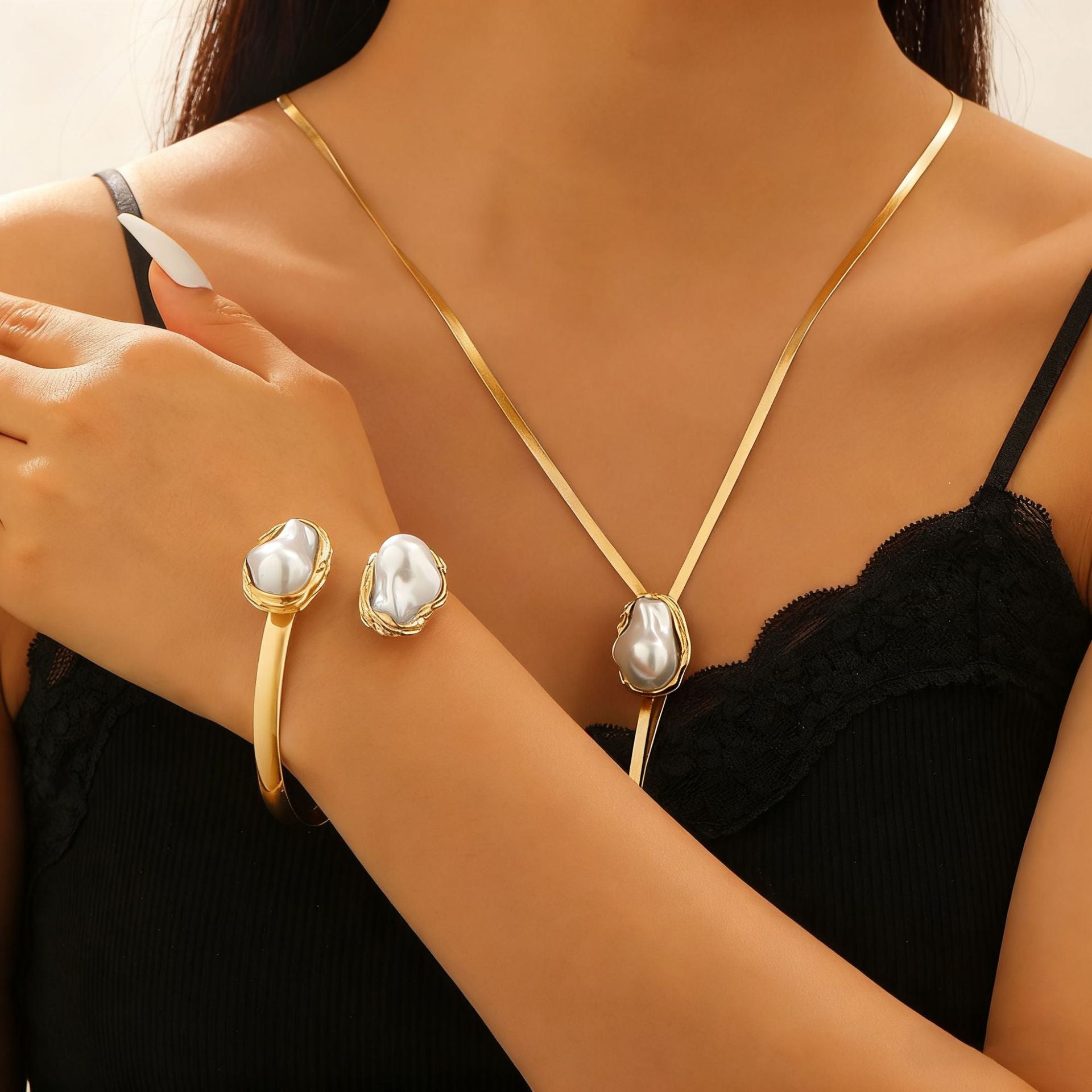 European and American cross-border baroque special-shaped pearl set jewelry women's high-end necklace earrings ring bracelet collar