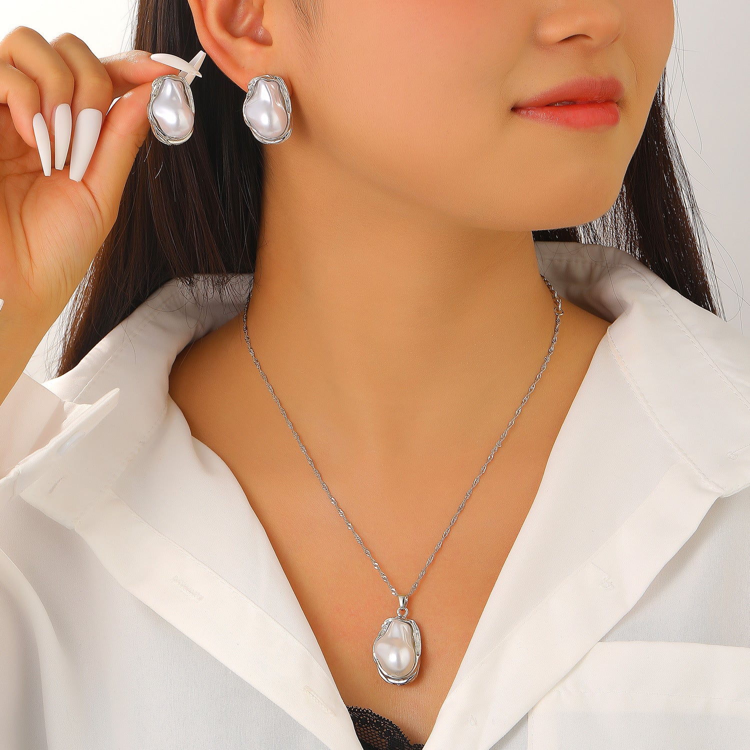 European and American cross-border baroque special-shaped pearl set jewelry women's high-end necklace earrings ring bracelet collar