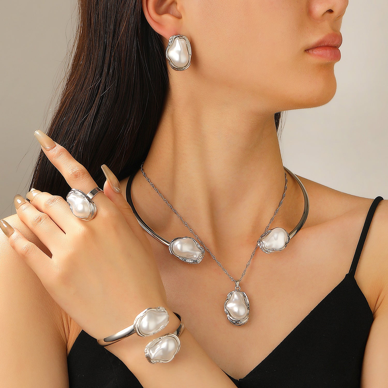 European and American cross-border baroque special-shaped pearl set jewelry women's high-end necklace earrings ring bracelet collar