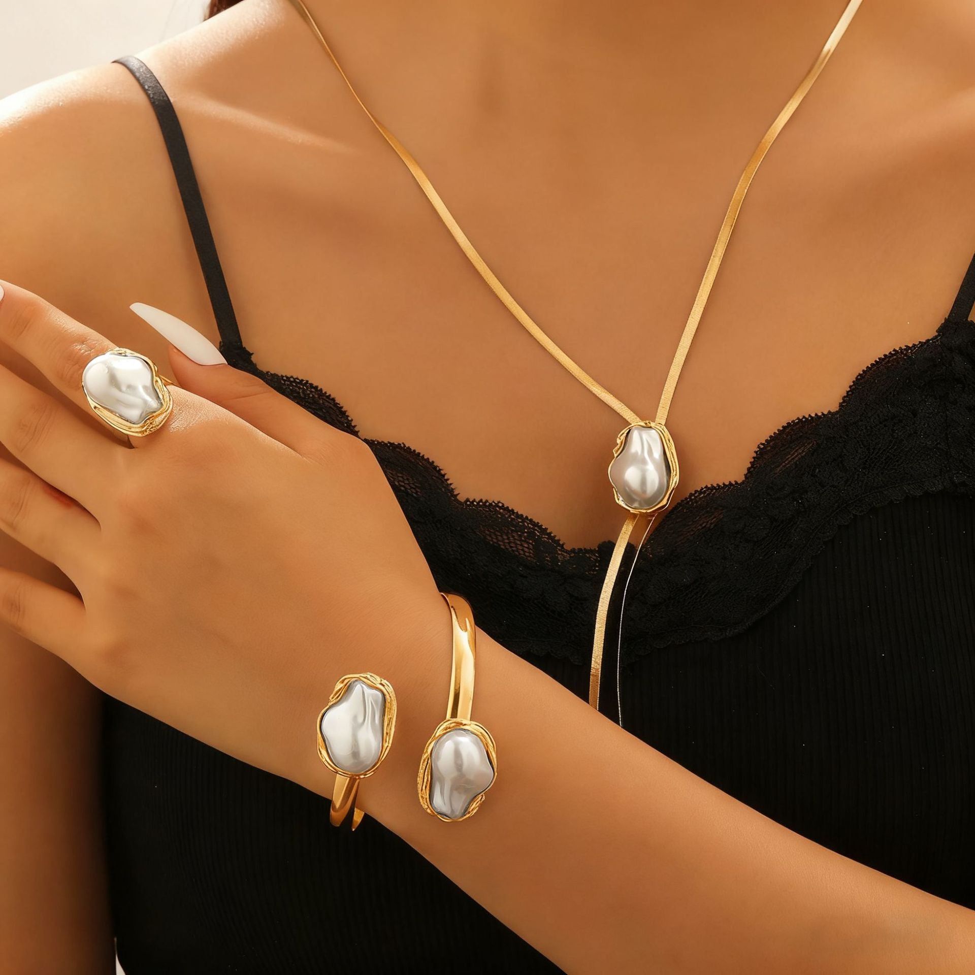 European and American cross-border baroque special-shaped pearl set jewelry women's high-end necklace earrings ring bracelet collar