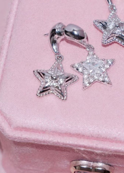 Copper Zircon Earrings Lucky Twins~ Double Sided Star Earrings 925 Silver Needle Sweet