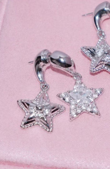 Copper Zircon Earrings Lucky Twins~ Double Sided Star Earrings 925 Silver Needle Sweet