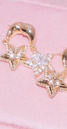 Copper Zircon Earrings Lucky Twins~ Double Sided Star Earrings 925 Silver Needle Sweet
