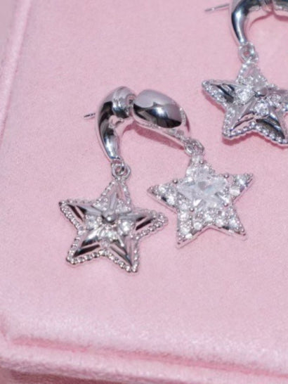 Copper Zircon Earrings Lucky Twins~ Double Sided Star Earrings 925 Silver Needle Sweet